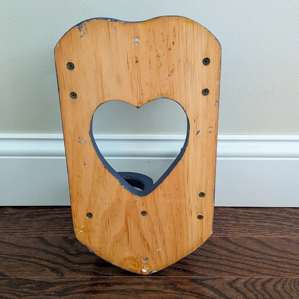 Vintage Wood Heart Shaped Wall Mounted Hair Dryer Holder Blue Cottagecore